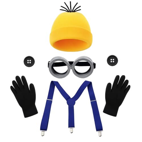 DvBCNMe 5 Karneval-Kostüme für Erwachsene mit Steampunk-Schutzbrille, gelben Strickmützen, schwarzen Handschuhen, Knöpfen und Schultergurten für Halloween-Karneval-Party-Kostüme