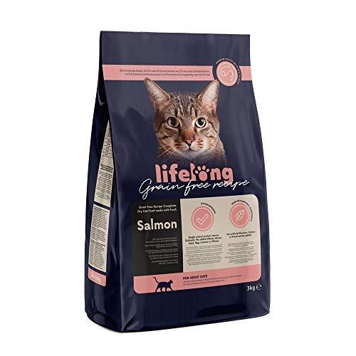 Amazon-Marke: Lifelong - Katzenfutter für ausgewachsene Katzen, Fein zubereitetes Trockenfutter mit frischem Lachs, Getreidefreie Rezeptur, 3 kg (1er-Pack)