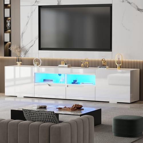 LSLIFE 200zm TV-Schrank mit Stauraum Weiß/Schwarz Hochglanz TV-Möbel mit LED-Leuchten Modernes Entertainment-Möbel für Wohnzimmer Schlafzimmer für bis zu 75-Zoll-Fernseher (weiß)