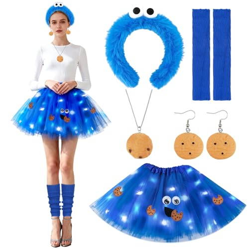 Amazluck Monster Kostüm Damen Mädchen, Karneval Lustige Kostüme mit Glühendem Blauem Tüllrock Haarreif Halskette Ohrring Blaue Beinstulpen, Blauer Rucksack für Fasching Halloween Cosplay