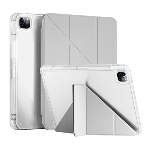 ZKTUYU Hülle für iPad Pro 11 4./ 3./ 2./1. Generation 2022/2021/2020/2018 mit Stifthalter, Kann Pencil 2 Aufladen,Faltbare Y-förmige Standabdeckung, Klarer transparenter Rückschale, Grau
