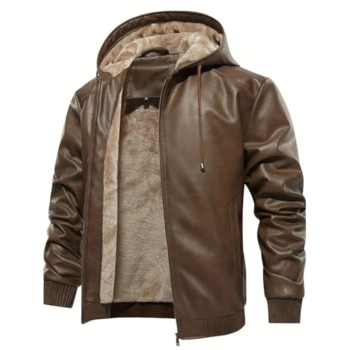 Generisch Lederjacke Herren Braun,Lederjacke Herren Echtleder Winter Vintage Mit Kapuze Und Taschen Fell Jacke Mode Retro Biker Slim Fit Männer Motorrad Casual Winterjacke Ledermantel Brown