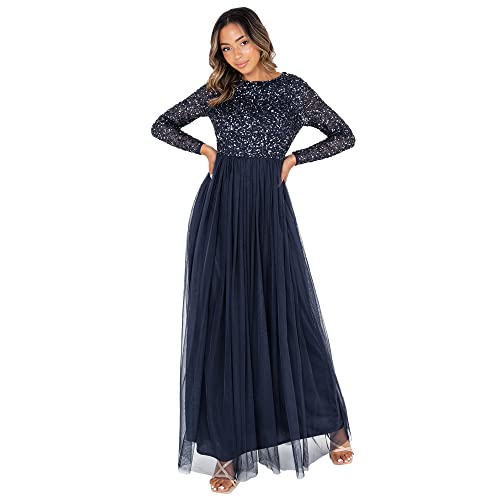 Maya Deluxe Damen Maya Deluxe Damen Green Lily Embellished Long Sleeve Maxi Brautjungfernkleid Bridesmaid Dress, Navy, 48 EU