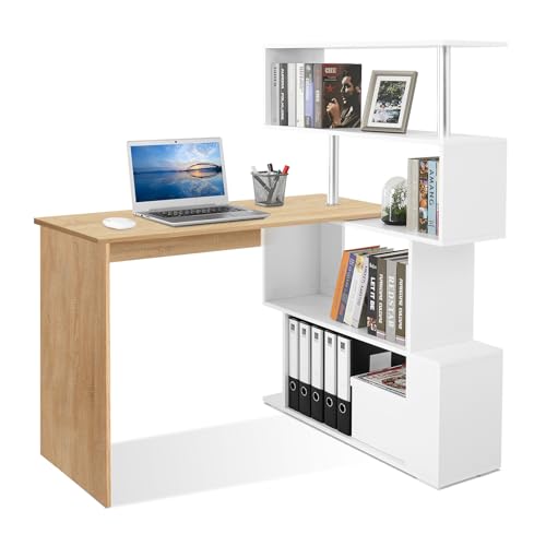 Mondeer Computertisch L-Förmig, Eckschreibtisch, mit 360 Grad Drehbarem Bücherregal für Arbeitszimmer Wohnzimmer Büro, 157 x 45 x 130,5 cm, Eiche (Tischplatte) und Weiß (Regal)