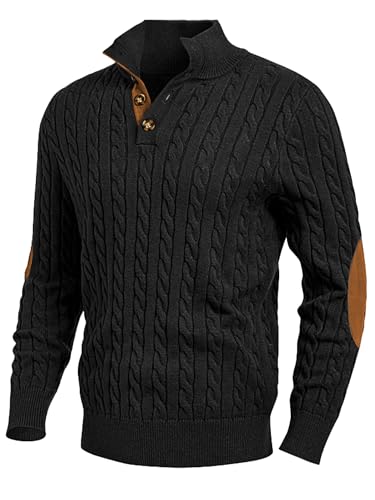 JMIERR Herren Pullover mit Zopfmuster lässiger Stehkragen grobe Freizeit-Strickpullover mit 1/4-Knöpfe Winterpullover Herren Schwarz XXL