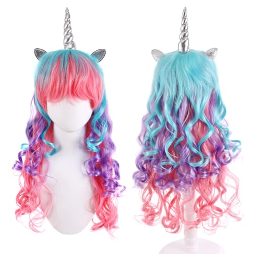 Einhorn Perücke Damen mit Ohren und Horn, Perücke Damen Karneval, Einhorn Lange Lockige Perücke, Bunte Perücke, Regenbogen Perücke, Einhorn Kostüm Erwachsene Damen für Halloween Karneval Thema Party