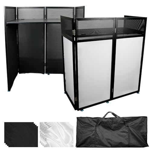 WUDLEP Tragbare DJ-Kabine, 108 x 53.5 x 118 cm DJ-Fassade mit Schwarzen und Weißen Scrims, Schwarzer Metallrahmen, Höhenverstellbare Faltbare DJ-Konsole für Events, Partys, Weddings
