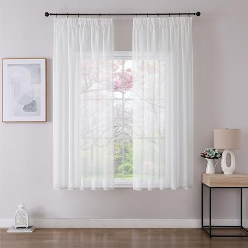 Joydeco 2er Set H145 x B140 cm Weiß Transparente Kurz Schien Gardinen Sheer Voile Vorhänge für Schienensystem mit Kräuselband Vorhang Polyester Durchlässig Curtains Modern Schlafzimmer Wohnzimmer