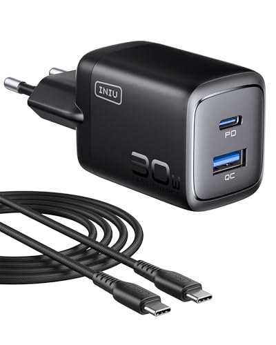 INIU 30W USB C Ladegerät, 2-Port [USB C + USB A] Reise Schnellladegerät, GaN PD Netzteil mit USBC Kabel, Travel Adapter für iPhone 17 16 Pro Max, iPad Air, Samsung S25 S24 Ultra, Pixel 10, MacBook Air
