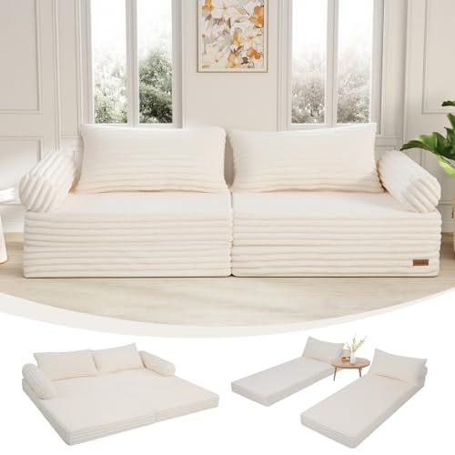 MeMoreCool Umwandelbares Schlafsofa mit Kissen, Boneless Couch– Faltbares Futon für kleine Räume, Sofabett für Wohnzimmer, Schlafzimmer & Gästezimmer, Komfort und Platzsparend, Beige