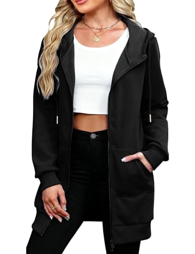 Tuopuda Fleecejacke Damen Lang Sweatjacke Kapuzenpullover Mit Kapuze Reißverschluss Übergroß Herbstjacke(Schwarz,XL)