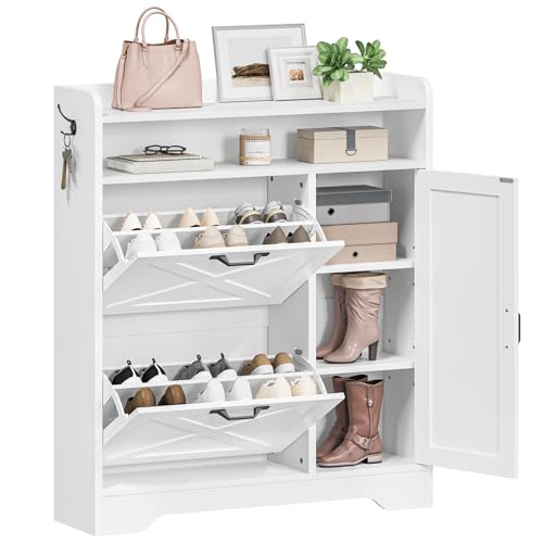 HOOBRO Schuhschrank, freistehend, Schuhregal mit 2 Schubladen und offenem Fach, Schuhkipper, schmal, verstellbare Ablage, mit Haken, ideal für Flur, Eingangsbereich, Garderobe, Weiß EWT90SC01G1