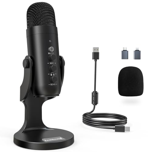 zealsound USB Mikrofon - Geräuschunterdrückung Kondensator Microphone für PC & Handy - Plug & Play - mit Stumm/Gain/Echo, für Gaming, Podcast, Aufnahmen, Stream, Kompatibel mit PS5, Mac, Windows - k66