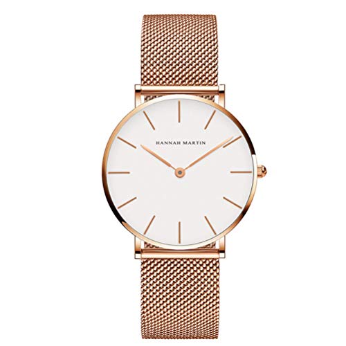 Hannah Martin Damen Uhren Analog Quarz Edelstahl Wasserdicht Mesh Ultradünne (Weiß Oberfläche ，Rosegold Armband)
