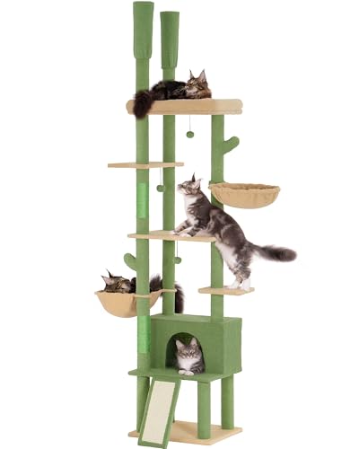 Aechonow katzenbaum Deckenhoch XXL, höhenverstellbarer Katzenbaum XXL (220–274 cm) mit Sisal, Hängematte, Liegeflächen & Höhle, Stabiler Kletterturm für große Katzen im Innenbereich, Kaktus Grün