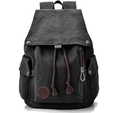 Canvas Leinwand Rucksack Vintage für Outdoor Camping Außflug Sports Universität Rucksack Wanderrucksack Schultasche Schulrucksack Herren Damen Mädchen Jungen Teenager Rucksäcke (schwarz)