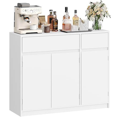 Hzuaneri Sideboard, Küchenschrank, Aufbewahrungsschrank mit 2 Schubladen, 3 Schranktüren, verstellbaren Einlegeböden, Modernem Stil, Küche, Wohnzimmer, 33 x 100 x 81,5 cm, Weiß SC32003X