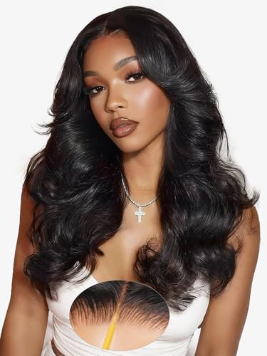 RXY Layered Cut Face-Framing Human Hair Wig 7x6 HD Lace Glueless Wig Human Hair Loose Body 200% Dichte Perücke Echthaar Vorgezupft, Vorgeschnitten Wear and Go Wig for Women 16 Zoll(41cm)