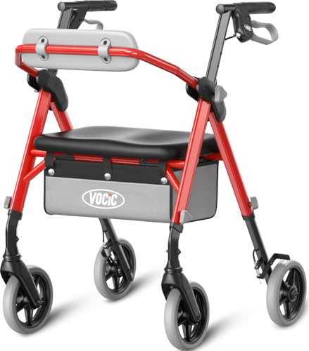 VOCIC Z11 Rollator faltbar und leicht mit Sitz, Max 172kg, Rollator schmal für wohnung, Rollatoren leicht klappbar für Senioren, Ergonomischer Sitz, höhenverstellbar, alle Untergründe, 5 Jahre Support