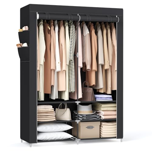 SONGMICS Stoffschrank, Kleiderschrank, 45 x 127 x 176 cm, 2 Hängefächer, mit Ablagen, 4 Seitentaschen, viel Platz, für Schlafzimmer, Wohnzimmer, schwarz RYG008B02