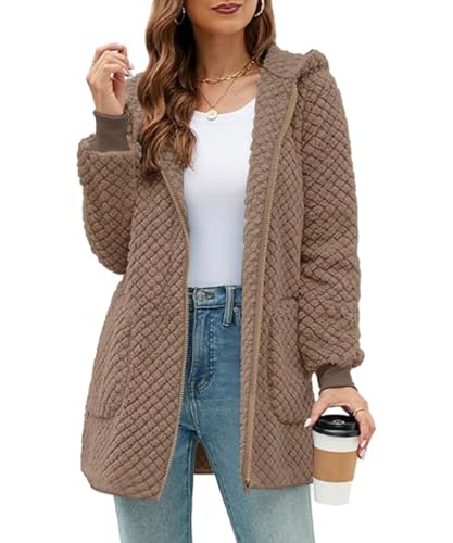 ABINGOO Damen Winterjacke Fleecejacke Lang Kapuzenjacke Teddyjacke Flauschig Plüschjacke Warm Reißverschluss Hoodie Kuscheljacke Wintermantel Mit Taschen(Braun,XL)