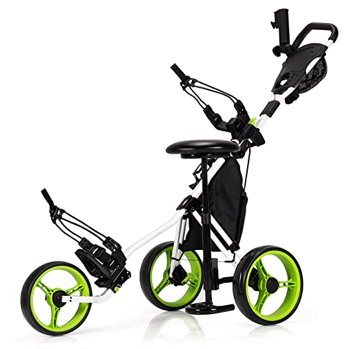 COSTWAY Golf Trolley, 3 Rad Golftrolley klappbar, Golfcaddy aus Aluminum mit Sitz, Verstellbarer Griffe & Vorderrad, Golfwagen mit Schirmhalter & Aufbewahrungstasche (Grün, Mit Sitz)