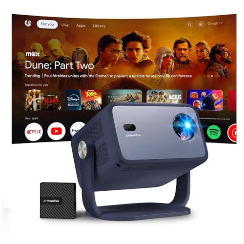 RockTek PJ400 LED Beamer, 1080P Full HD, 4K Dekodierung, 1000 ANSI Lumen, Dual System (RT OS & Google TV-System Box), Auto Fokus, Automatische Trapezkorrektur & Hinderniserkennung, 180° Drehwinkel