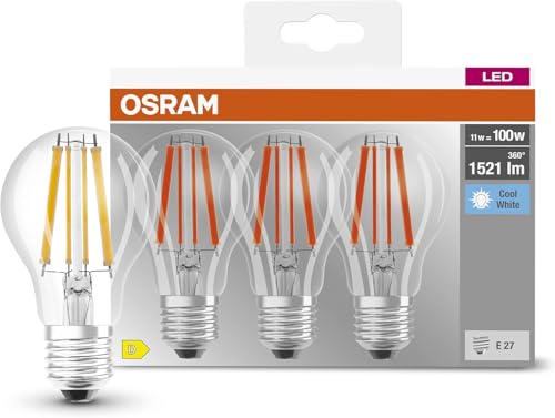 Osram LED BASE Classic A100, klare Filament LED-Lampen aus Glas für E27 Sockel, Birnenform, Kaltweiß (4000K), 1521 Lumen, Ersatz für herkömmliche 100W-Glühbirnen, 3er-Box