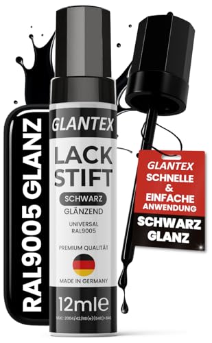 GLANTEX Lackstift Schwarz glänzend [12ml] – Hochdeckender Autolack für Kratzer und Steinschläge, ideal für Auto und Felgen Reparaturset, auch für Felgenlack schwarz glänzend