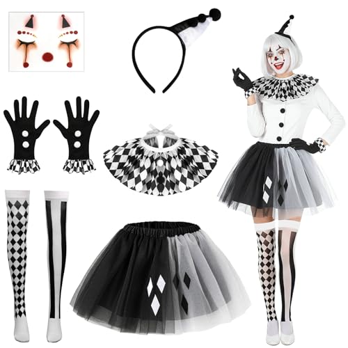 6 STK Halloween Clown Kostüm Damen, Pierrot Hut Haarreif Gesichtstattoo Halskrause Handschuhe Strumpfhose Tütü Rock, Harlekin Halloween Kostüm Damen Clown Accessoires für Karneval Cosplay Mottoparty