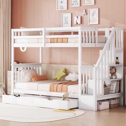 Rtopsu Etagenbett Kinderbett 90x200 cm für 2 Kinder, Hochbett Holzbett mit Treppe und 2 Stauraum Schubladen, Bett mit Rausfallschutz und Lagerregal, Hausbett mit Lattenrost, Weiß, Ohne Matratze