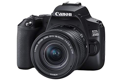 Canon EOS 250D APS-C DSLR-Kameragehäuse mit EF-S 18-55mm F4-5.6 is STM Objektiv | 24,1 Megapixel, dreh- und schwenkbarer 3-Zoll-LCD-Touchscreen, 4K-Video, Dual Pixel CMOS AF, Bluetooth – Schwarz