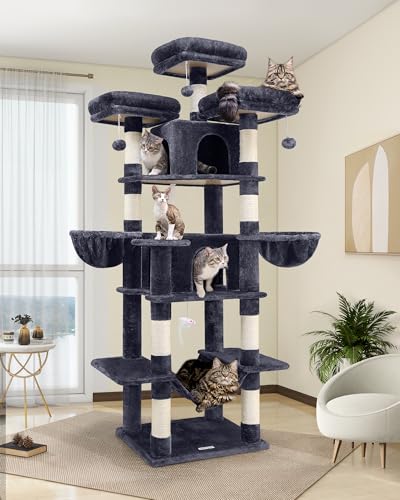 Globlazer Kratzbaum Große XXL hoch 204 cm mit 3 Gepolsterte Sitzstangen, 2 Katzenhaus, 2 Korb, Hängematte, Luxus Katzenbaum Stabil für Große Katzen Mehrkatzen Ausruhen Spielen Innen (F80, Dunkelgrau)
