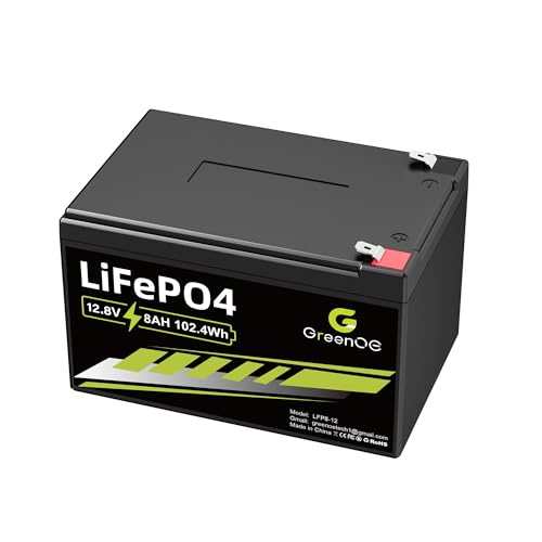 GREENOE 12V LiFePO4-Batterie mit eingebautem 10A BMS, 3000+ Deep-Cycle-Lithiumbatterie, 10 Jahre Lebensdauer, einsetzbar für Solaranlage, Antriebsräder, Fischfinder, Outdoor-Camping, Roller (12V8AH)