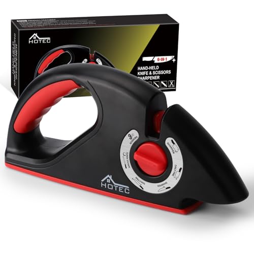 Hotec Messerschärfer – 6-in-1 Premium Messerschleifer für Messer, ABS Gehäuse in Schwarz-matt, Keramik- & Wolframcarbid-Stäbe für Messer Werkzeug Brotmesser & Scheren, mit Gummi, Sicher und Rutschfest