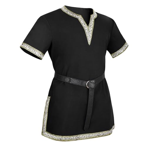 VONMELLI Herren Mittelalter Kostüm Hemden Renaissance Vintage Tunika Wikinger Ritter Pirat mit Schwarz Wikinger Gürtel für Halloween Cosplay Schwarz mit Mittelalter Gürtel M
