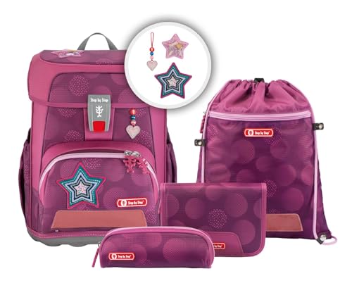 Step by Step Schulranzen-Set Cloud „Glamour Star Astra“ 5-teilig, lila-pink, Star-Design, ergonomischer Tornister mit Reflektoren, höhenverstellbar mit Hüftgurt für Mädchen ab der 1. Klasse, 19L