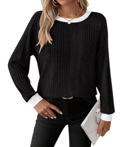 ABINGOO Pullover Damen Rundhals Langarmshirt Elegant Oberteile Herbst Lässig Farbblock Baumwolle Langarm T-Shirt Basic Sweatshirt(Schwarz,L)