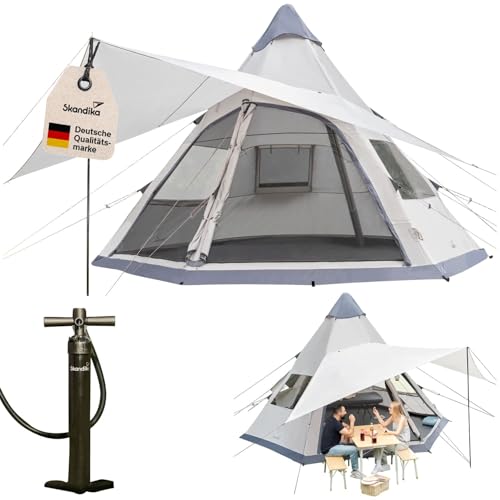 Skandika Luftzelt Tipi Hetta 460 Air Protect | Aufblasbares Familienzelt für 6 Personen, 2,95 m Stehhöhe, 3000 mm Wassersäule, eingenähter Zeltboden, UV 50+ | Campingzelt, Festivalzelt, Indianerzelt