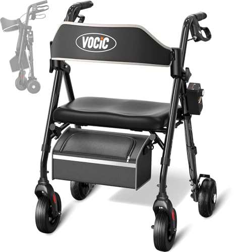 VOCIC Z63 Rollator Faltbar und Leicht mit Sitz, Rollator Schmal für Wohnung mit Einstellbar Widerstand, Klappbar Rollatoren für Senioren mit Ergo-Sitz, Dual Höhenverstellung, Max. 136 kg, Tiefschwarz