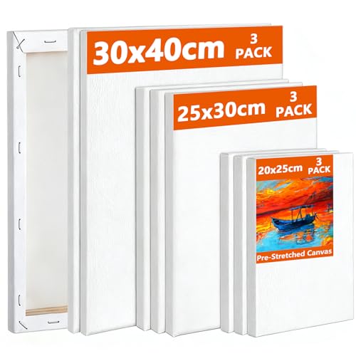 Koncci Leinwand zum Bemalen, 9 Stück 3 Größe Keilrahmen, 20x25, 25x30, 30x40cm(je 3 Stück), 280g/m² Dreifach Grundiert Baumwolle Leinwand, Leinwände für Acrylfarbe, Aquarell, Öl, Gouache