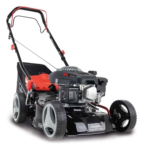 Scheppach Benzin Rasenmäher MS150-42 - 3,5PS | Schnittbreite 42cm | Radantrieb | Stahlgehäuse | Reinigungsfunktion | Mulchfunktion | 45 Liter Fangkorb | Höhenverstellung in 7 Stufen (25-75mm)