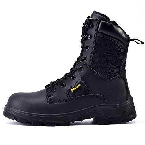 SAFEYEAR Militär & Arbeitsstiefel für Herren & Damen, wasserdichtes Echtleder, Stahlkappe & Stahlsohle, rutschfeste SRC-Sohle, breite Passform 4E, seitlicher Reißverschluss, S3 ESD, EU 44