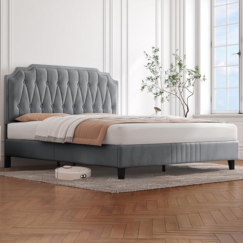 Yaheetech Polsterbett Doppelbett 140 × 200 cm Stoffbett Bettgestell Gepolstertes Bett mit höhenverstellbarem Kopfteil Bettrahmen mit Lattenrost, Hellgrau