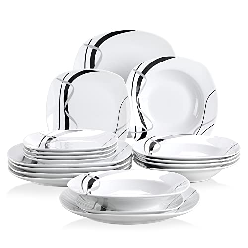 VEWEET Geschirrset 6 Personen, FIONA 18-teilig Porzellan Geschirr Set, Tafelservice Kombiservice mit je 6 Speiseteller, Dessertteller und Suppenteller, Teller Set 6 Personen