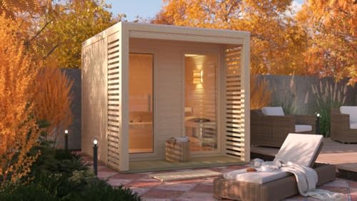 Chillroi Karibu Saunahaus Angelia mit 9 kW Saunaofen und integrierter Steuerung naturbelassen Außensauna mit Sichtschutz, Fenster und Glastür (231x276x235 cm)