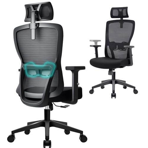 Durrafy Ergonomischer Bürostuhl, Schreibtischstuhl Höhenverstellbar, Drehstuhl mit Verstellbarer Lendenwirbelstütze und Kopfstütze, 90°-130°Liegefunktion, Bürostuhl bis 150 kg Belastbar, Schwarz