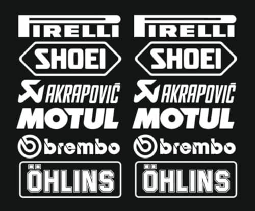 Aufkleber im Set, Nr. 3 (12 Aufkleber, weiß), Pirelli Akrapovic Logo, 16 cm, Tuning-Aufkleber für Auto, Motorrad, Pickup
