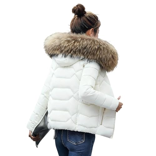 Duohropke Winterjacke Damen Warme Steppjacke mit Kapuze Elegant Kurz Wintermantel Winddichte Lässige Kapuzenjacke mit Fellkapuze Puffer Jacke Steppmantel Dicke Daunenjacke Mantel Outdoorjacke