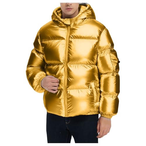 Glänzende gesteppte Pufferjacke für Herren, warm, winddicht, Baumwolle, gepolstert, mit Kapuze, einfarbig, Thermo-Winterjacke, Metallic-Jacke, schickes Outwear, gold, L